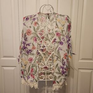 Ivory Love Floral Kimono Duster Cover-Up Cardigan M Sheer Fairy Boho crochet